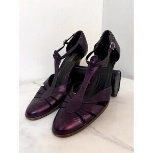 ARCHIVE 2006 Sonia Rykiel Paris Metallic Plum Leather T-Strap Mary Jane Sz 7.5